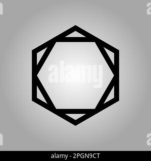 Monochrome vector graphic of two hexagons, the inner hexagon rotated 60 degrees and touching the outer one exactly. The background is a radial grey gr Stock Vector