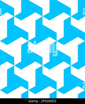 Seamless blue and white vector graphic of interlocking triangular shapes. It has the feel of an Escher artwork Stock Vector