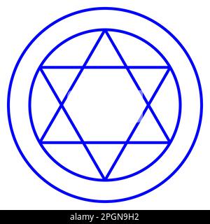 Vector graphic of blue six pointed star made from two equilateral triangles surrounded by two circles Stock Vector