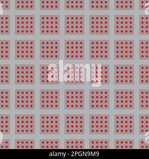 Seamless vector graphic of a grid a grey squares, each containing a four by four grid of small red dots Stock Vector