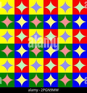 Seamless multicoloured vector graphic of rows and columns of alternating square cells. Each cell is made up of 4 circle quadrants forming a curved sta Stock Vector