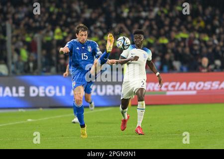 Naples, Italy. 23rd Mar, 2023. Francesco Acerbi (15) Italy control the ball during the EURO 2024 qualifying football match between Italy vs England on March 23, 2023 at the Stadium Maradona in Naples, Italy Credit: Live Media Publishing Group/Alamy Live News Stock Photo