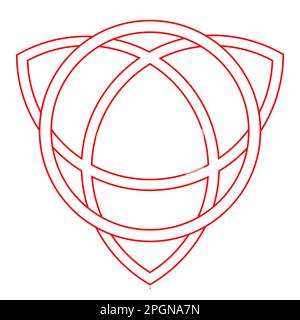 Red and white vector graphic of a pathways forming a continuous loop between the points of an equilateral triangle, symmetrically overlaid by a circul Stock Vector