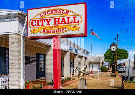 Lucedale City Hall is pictured, March 20, 2023, in Lucedale, Mississippi. Lucedale was founded in 1901. Stock Photo