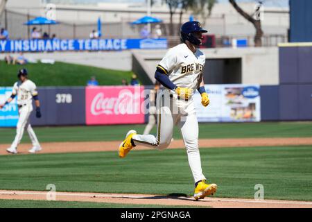 Milwaukee Brewers' Garrett Mitchell (5) runs the bases during a baseball  game against the Cincinnati Reds in Cincinnati, Friday, Sept. 23, 2022. The  Brewers won 5-3. (AP Photo/Aaron Doster Stock Photo - Alamy