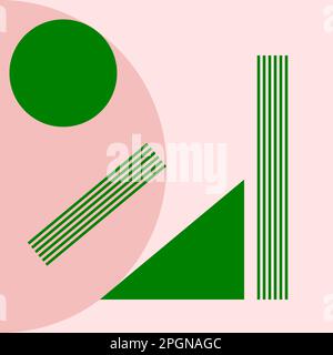 Vector graphic in a modern art style, comprising of a green triangle, circle and parallel lines on a beige background and a brown circle Stock Vector