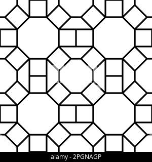 Seamless monochrome vector graphic of a mosaic pattern of octagons and squares Stock Vector