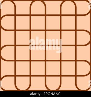 Seamless brown and beige vector graphic of alternate semi circles joined by long straight lines. Mirrored at 90 degrees to form a grid pattern Stock Vector