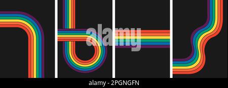 Retro groovy rainbow color striped background set. Geometric hippie rainbows line collection. Vintage hippy style various abstract iridescent stripes. Trendy minimalistic y2k colorful artwork posters Stock Vector