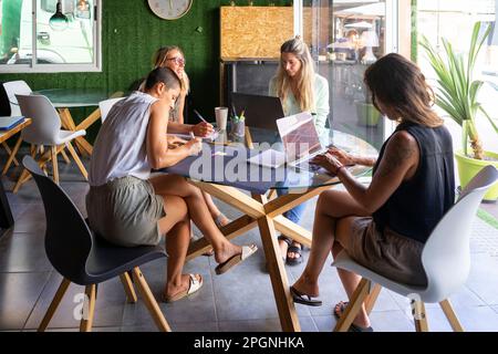 Businesswomen working on laptop and making notes in office Stock Photo