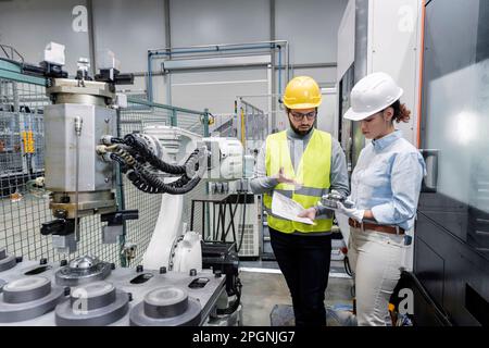 Young engineer explaining colleague with machine part in factory Stock Photo