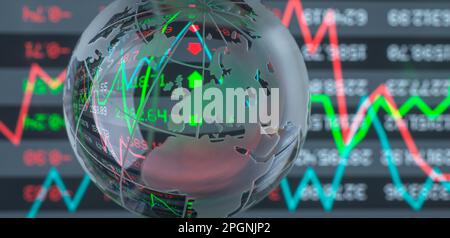 Stock market graphs and data with globe in foreground Stock Photo