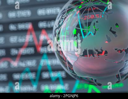 Reflection of graphs and data with glass globe in foreground Stock Photo