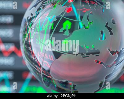 Graphs and data reflecting on globe Stock Photo