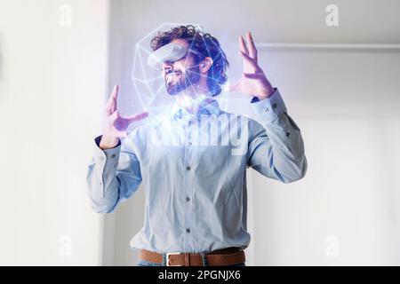 Businessman wearing virtual reality simulator gesturing in office Stock Photo