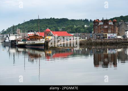 Argyll Scotland. Seagoing Paddle Steamer Waverley moored in Oban Harbour with town and fishing boats Stock Photo