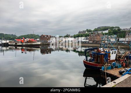 Argyll Scotland. Seagoing Paddle Steamer Waverley moored in Oban Harbour with town and fishing boats Stock Photo