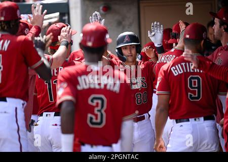 Glendale, United States. 24th Feb, 2023. Arizona Diamondbacks designated  hitter Kyle Lewis (1) homers on a fly ball to center field in the first  inning of an MLB spring training baseball game against the Colorado Rockies  at Salt River Fields, Sunday, M