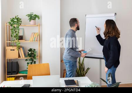 Businesswoman having discussion with colleague on flipchart Stock Photo