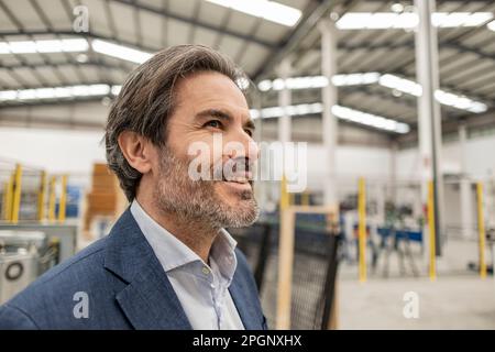 Thoughtful happy mature businessman in factory Stock Photo