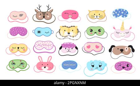Cute masks for dreaming set vector. Rest relax accessories for night collection. Sleepy mask with eyes, animals face and smiles. Stock Vector