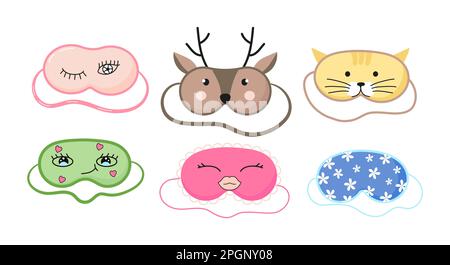 Cute masks for dreaming set vector. Rest relax accessories for night collection. Sleepy mask with eyes, animals face and smiles. Stock Vector