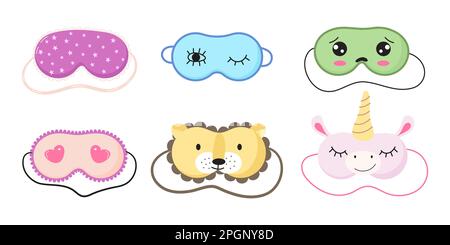 Cute masks for dreaming set vector. Rest relax accessories for night collection. Sleepy mask with eyes, animals face and smiles. Stock Vector