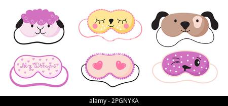 Cute masks for dreaming set vector. Rest relax accessories for night collection. Sleepy mask with eyes, animals face and smiles. Stock Vector