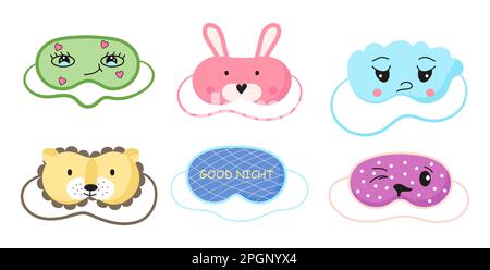 Cute masks for dreaming set vector. Rest relax accessories for night collection. Sleepy mask with eyes, animals face and smiles. Stock Vector
