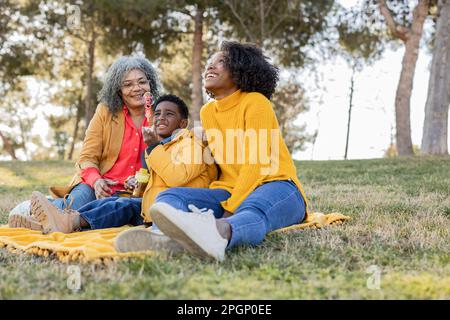 Happy multi-generation family having fun in park Stock Photo
