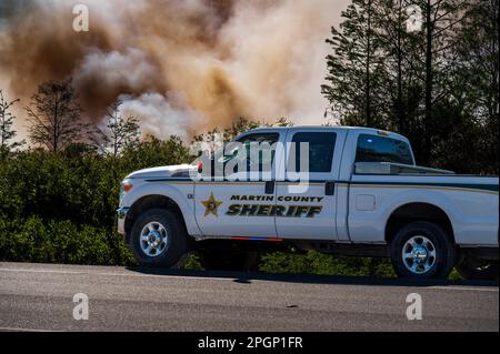 Jupiter, Florida, USA. 23rd Mar, 2023. Hungryland wildfire. Southern Martin County/Northern Palm Beach County, Florida. Extremely high fire danger exists as a result of drought in South Florida. When the fire was reported, it had already engulfed 150 acres. State and County resources are being deployed, quickly. However, there is a concern for campers as only one access road exists, limiting the evacuation route. (Credit Image: © Shane Srogi/ZUMA Press Wire) EDITORIAL USAGE ONLY! Not for Commercial USAGE! Stock Photo