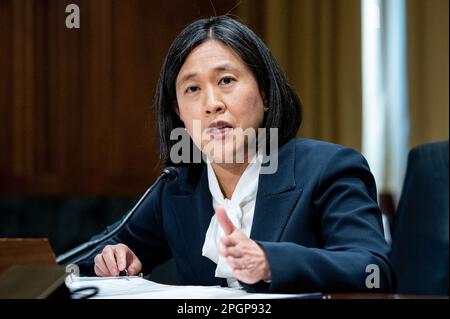 Washington, United States. 23rd Mar, 2023. Katherine Tai, United States Trade Representative, speaking at the U.S. Capitol at a hearing of the Senate Finance Committee. Credit: SOPA Images Limited/Alamy Live News Stock Photo