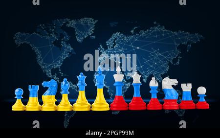 Concept of war between Ukraine and Russia. Chess pieces in color of national flags against world map Stock Photo