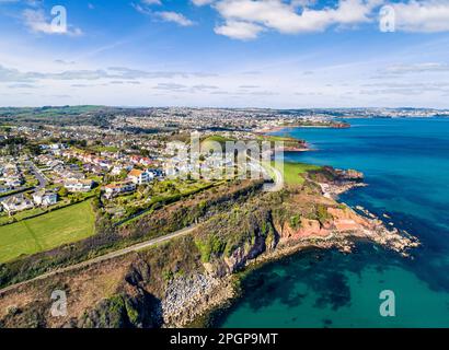 Aerial view of Armchair Cove and Broadsands Beach from a drone, Paignton, Devon, England, Europe Stock Photo