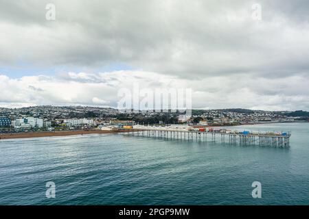 Aerial view of Paignton Pier and Beach from a drone, Paignton, Devon, England, Europe Stock Photo