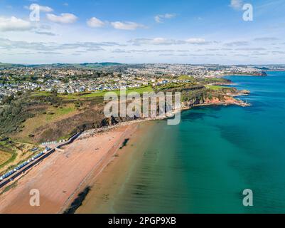 Aerial view of Armchair Cove and Broadsands Beach from a drone, Paignton, Devon, England, Europe Stock Photo