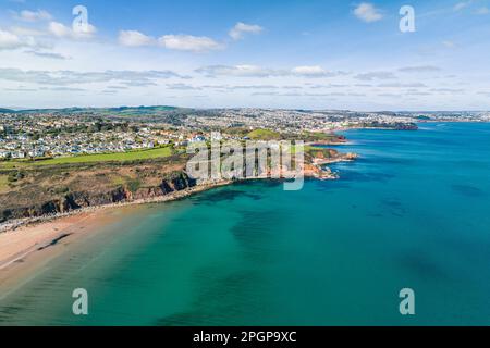 Aerial view of Armchair Cove and Broadsands Beach from a drone, Paignton, Devon, England, Europe Stock Photo