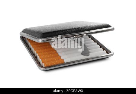 Stylish case with cigarettes isolated on white Stock Photo