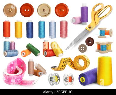 Set with different sewing supplies on white background Stock Photo