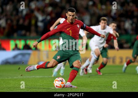 Lisbon. 23rd Mar, 2023. Cristiano Ronaldo of Portugal shoots to score a penalty during the UEFA Euro 2024 Group J qualification match between Portugal and Liechtenstein in Lisbon, Portugal on March 23, 2023. Credit: Petro Fiuza/Xinhua/Alamy Live News Stock Photo