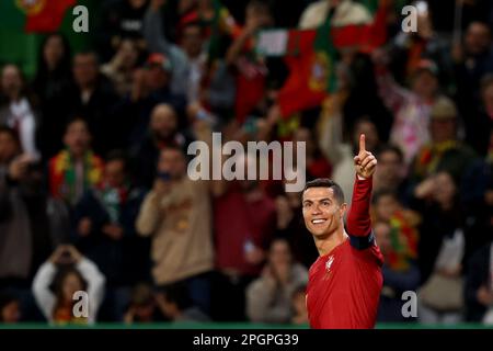 Lisbon. 23rd Mar, 2023. Cristiano Ronaldo of Portugal celebrates his goal during the UEFA Euro 2024 Group J qualification match between Portugal and Liechtenstein in Lisbon, Portugal on March 23, 2023. Credit: Petro Fiuza/Xinhua/Alamy Live News Stock Photo