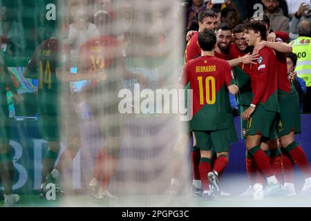Lisbon. 23rd Mar, 2023. Players of Portugal celebrate Cristiano Ronaldo's goal during the UEFA Euro 2024 Group J qualification match between Portugal and Liechtenstein in Lisbon, Portugal on March 23, 2023. Credit: Petro Fiuza/Xinhua/Alamy Live News Stock Photo