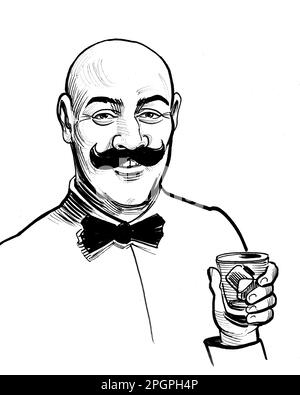 Bald man with mustache drinking a glass of whiskey. Ink black and white drawing Stock Photo