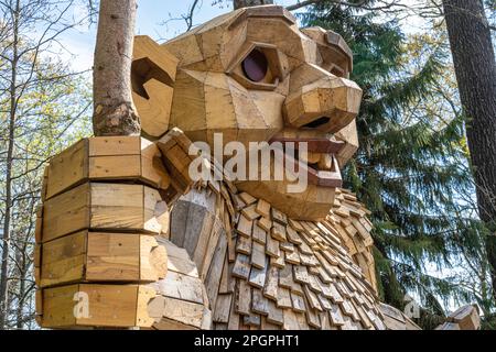 Ronja Redeye, a huge wooden troll sculpture by Danish artist Thomas Dambo, greets visitors to the Atlanta Botanical Garden in Atlanta, Georgia. (USA) Stock Photo