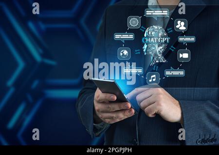 Artificial Intelligence in Bot Chat. Businessman using Ai chatbot in his smartphone. Stock Photo