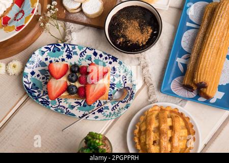 Peruvian desserts buffet table brunch sweet food Stock Photo