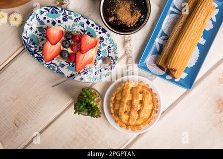 Peruvian desserts buffet table brunch sweet food Stock Photo