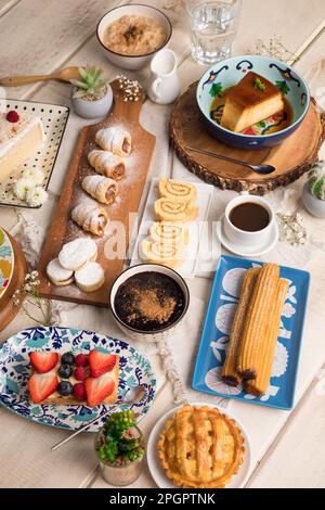 Peruvian desserts buffet table brunch sweet food Stock Photo