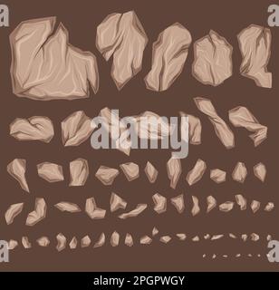 Vector set of various of broken stones of dry clay. Cartoon clipart collection of smashed earth rocks with cracks isolated from background. Hand drawn Stock Vector