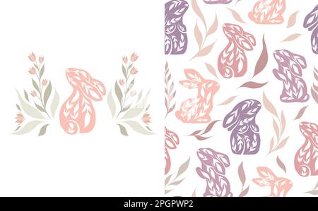 Set of vector seamless Easter pattern and card with decorated rabbits and flowers. Collection with nursery texture and illustration with folk art Stock Vector